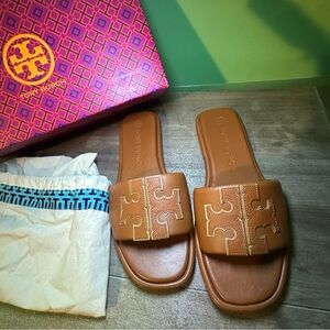 Tory Burch Tan Double T Leather Sport Slide Sandals